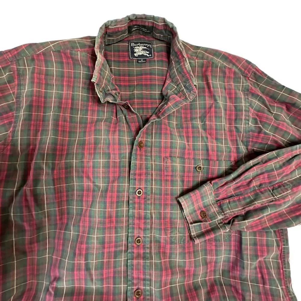 80s vintage Burberry Green and Red checked cotton long sleeve shirt size medium